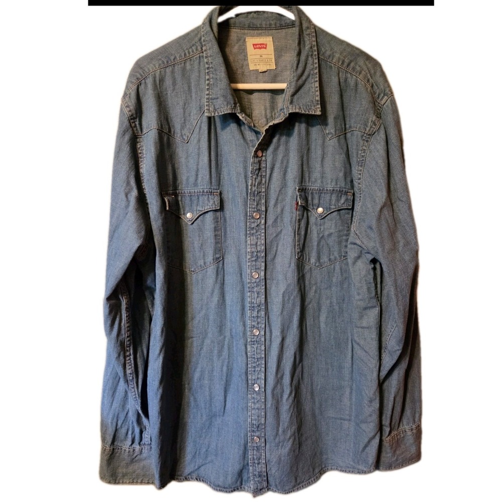 Levis Mens XXL Western Denim Shirt Blue Long Sleeve Pearl Snap Button Down